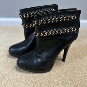 Tory Burch Black Ankle Boots with Gold Chain Accent